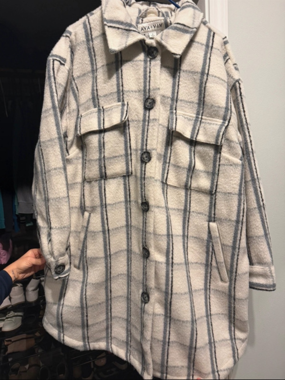 Ava & Viv Cream Plaid Button-Front Teddy Jacket